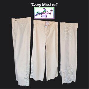 Upcycled  wide leg ivory pants with lace